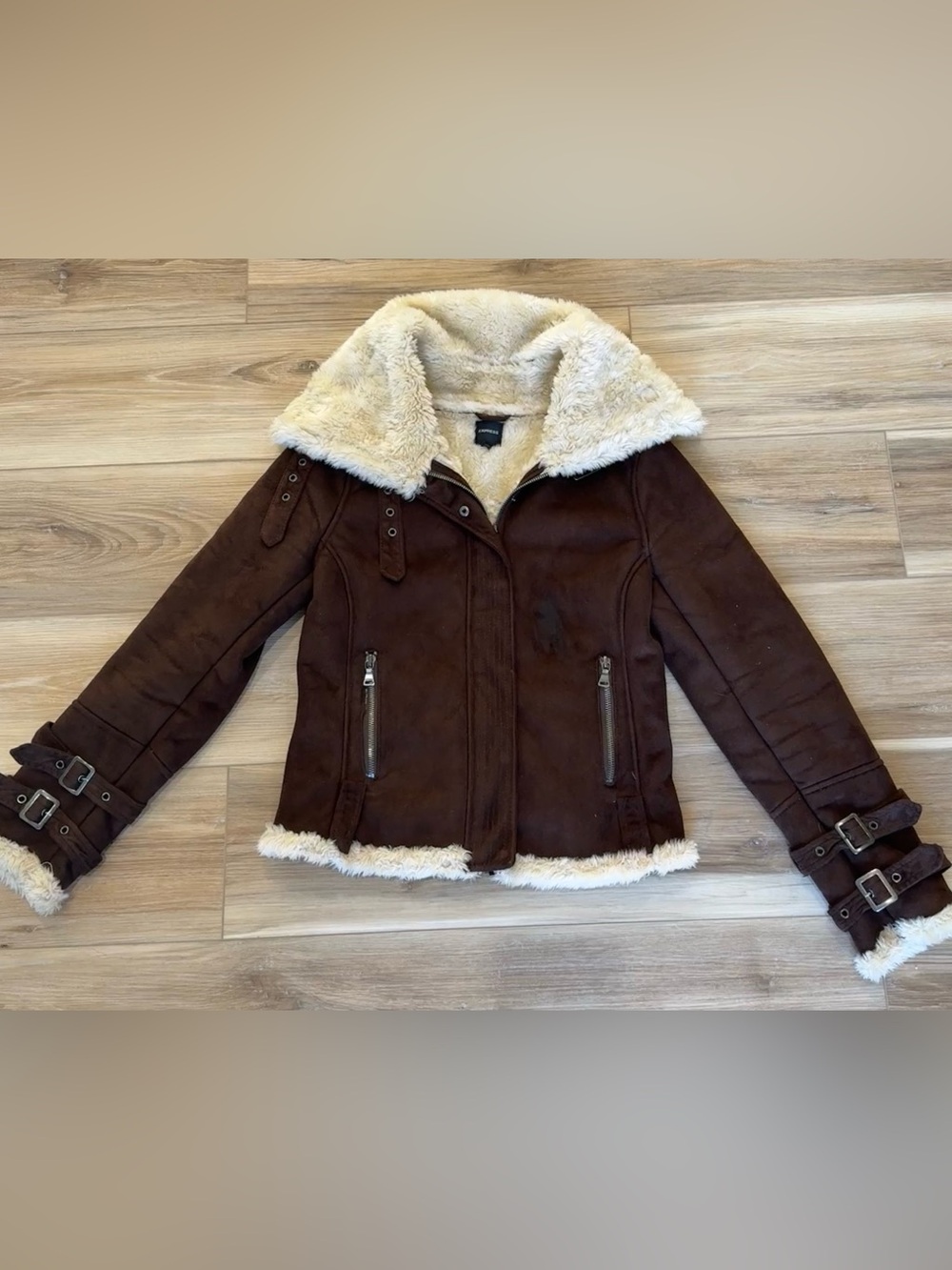 Y2K Express Chocolate Brown Faux Suede Shearling Bomber Jacket S